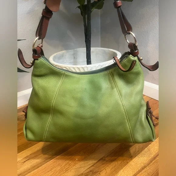 EUC Vintage Dooney & Bourke Hobo Whipstitch Leather Shoulder Handbag Apple Green - Picture 10 of 11